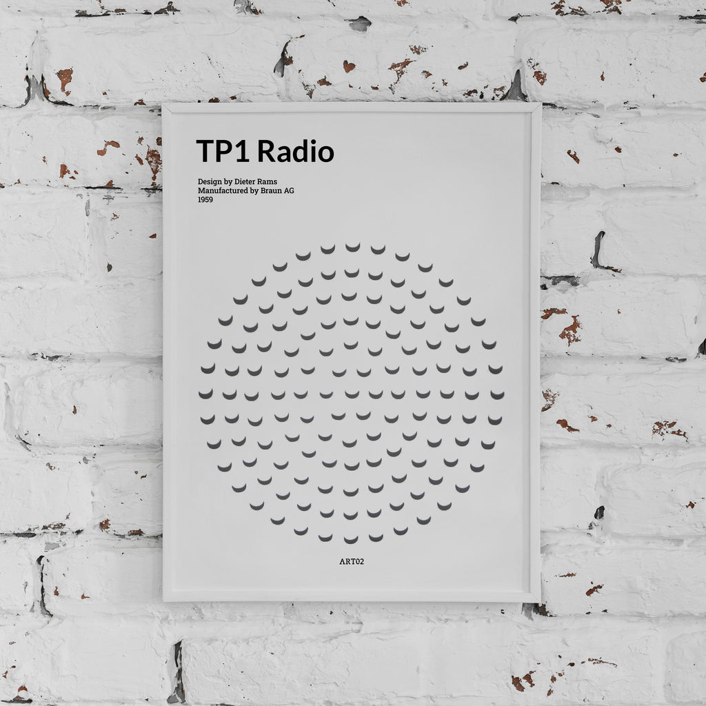 TP1 Radio  – special edition poster van ART02 ingelijst hangend aan een muur
