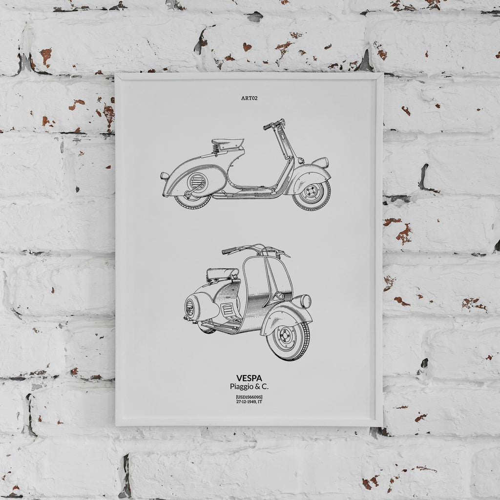 Vespa scooter Patent Poster van ART02 ingelijst hangend aan de muur 